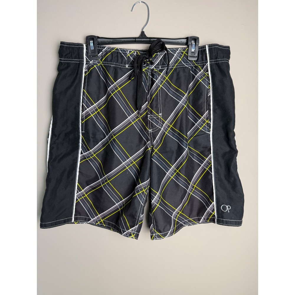 OP Ocean Pacific Mens Plaid Board Shorts Black Yellow Swim Trunks Size M 32-34